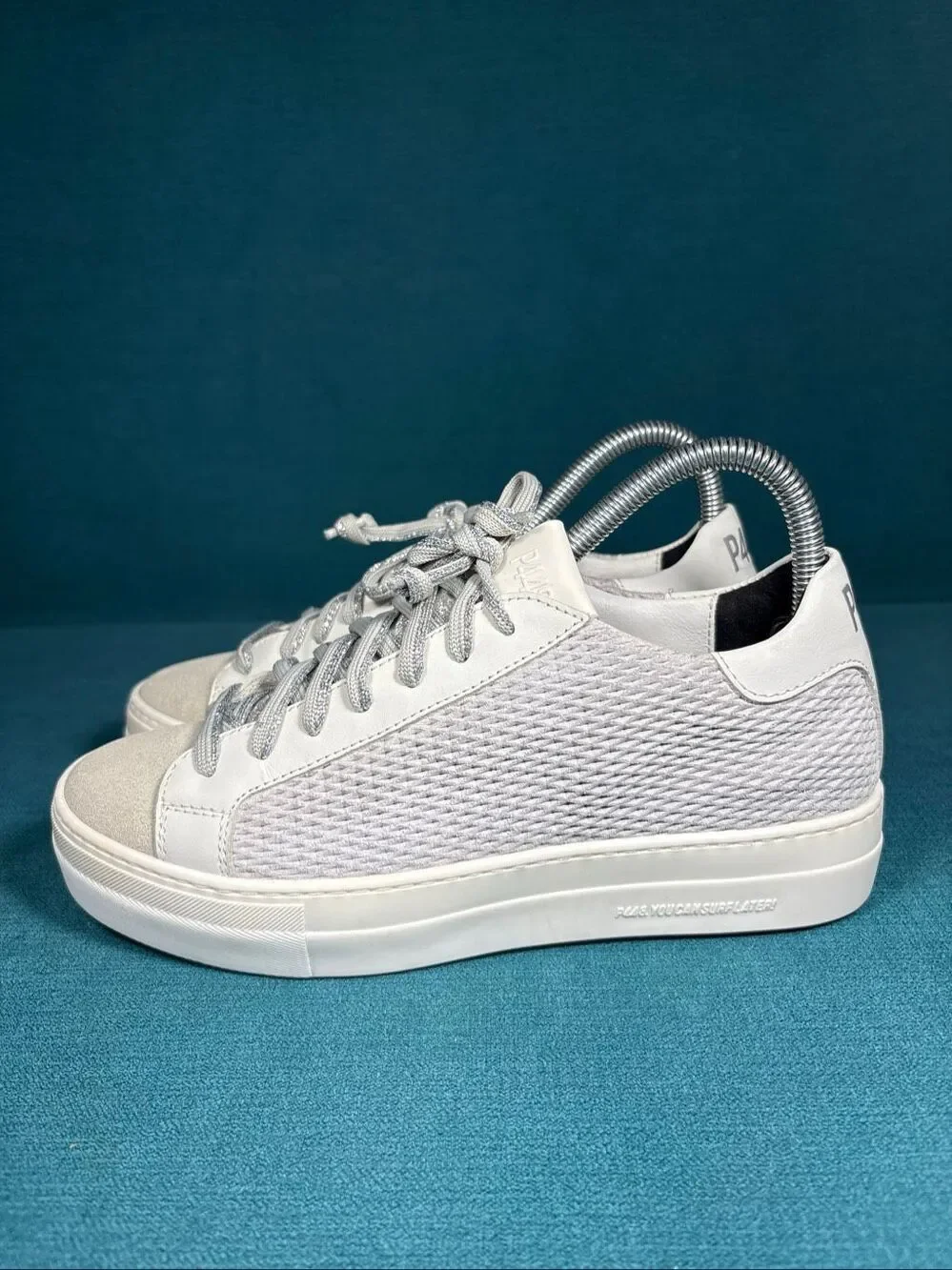 P448 Womens Size 37 EU US 7 White Woven Leather Low Top Platform Sneakers Italy